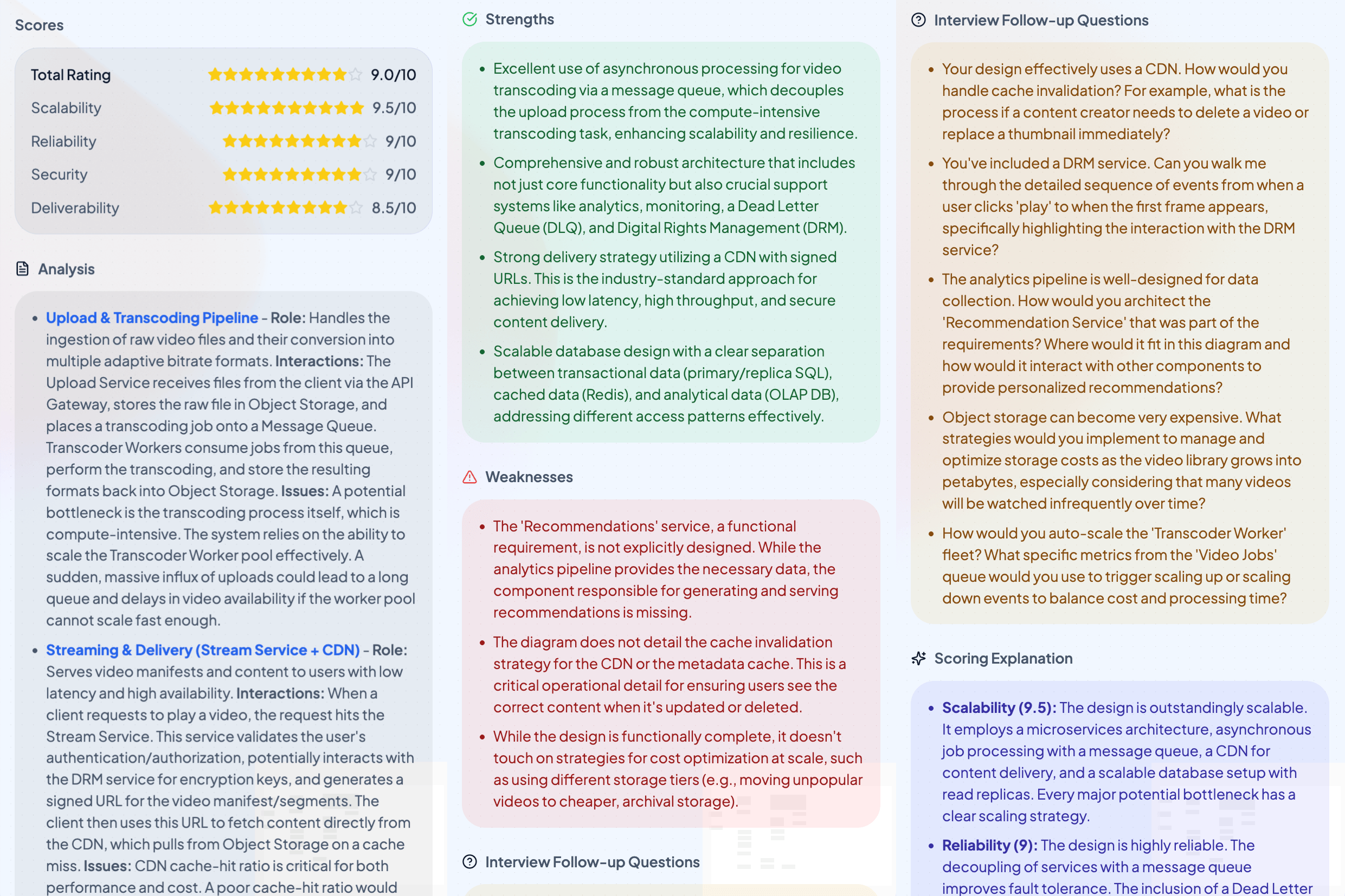 AI assessment results UI